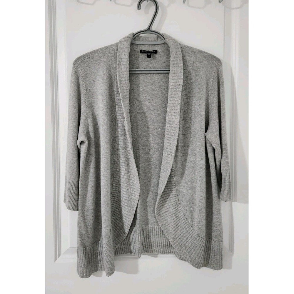 Eileen Fisher Open Front Ribbed Tight Knit Gray Cardigan Sweater Size‎ S
